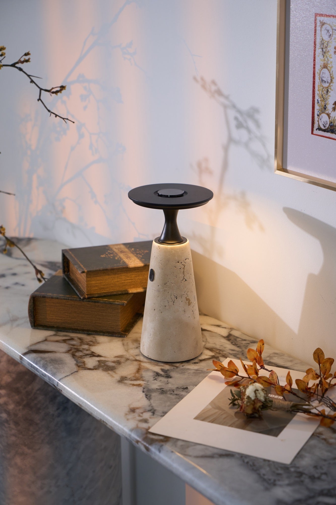 Vespera Sculptural Travertine Table Lamp - Neutralighting