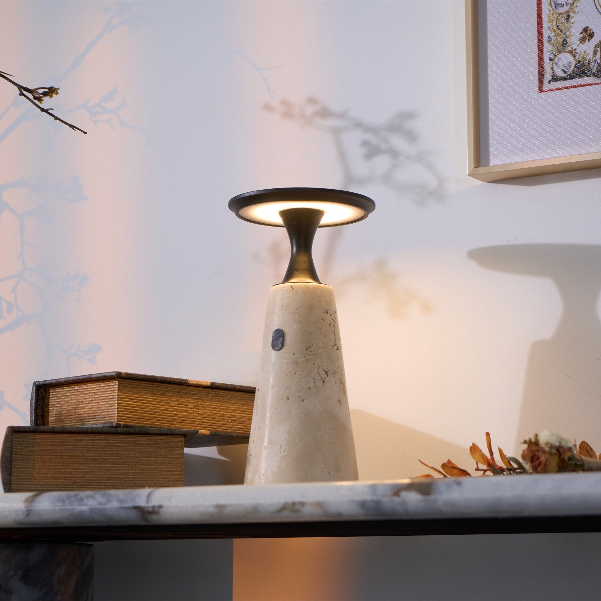 Vespera Sculptural Travertine Table Lamp - Neutralighting
