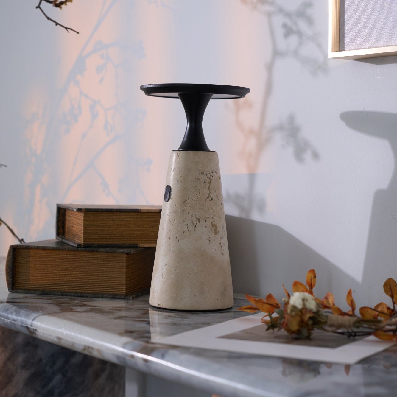 Vespera Sculptural Travertine Table Lamp - Neutralighting