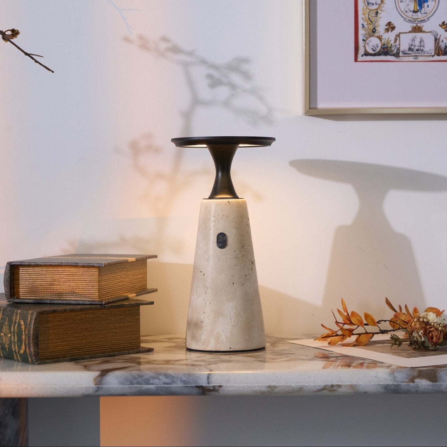 Vespera Sculptural Travertine Table Lamp - Neutralighting