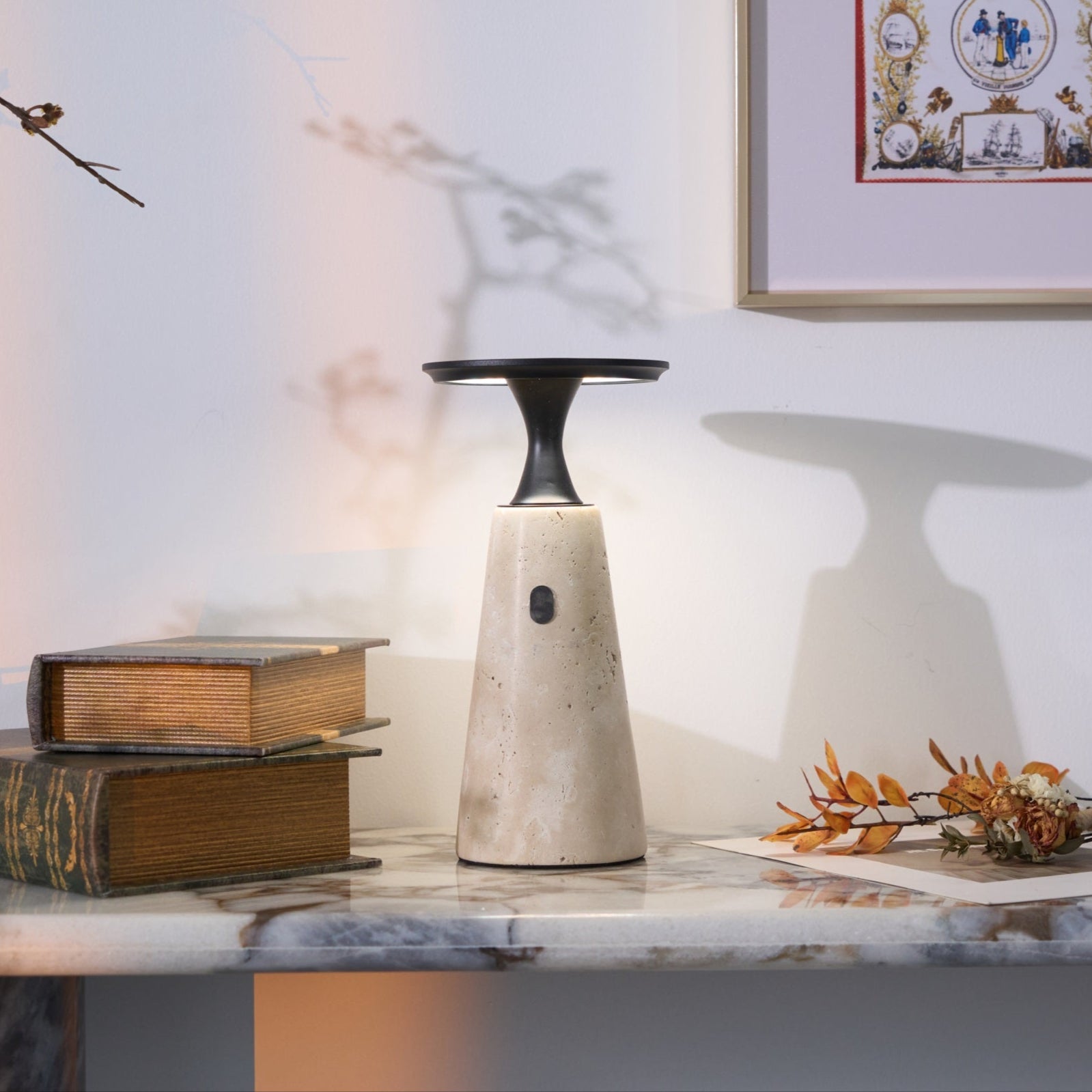 Vespera Sculptural Travertine Table Lamp - Neutralighting