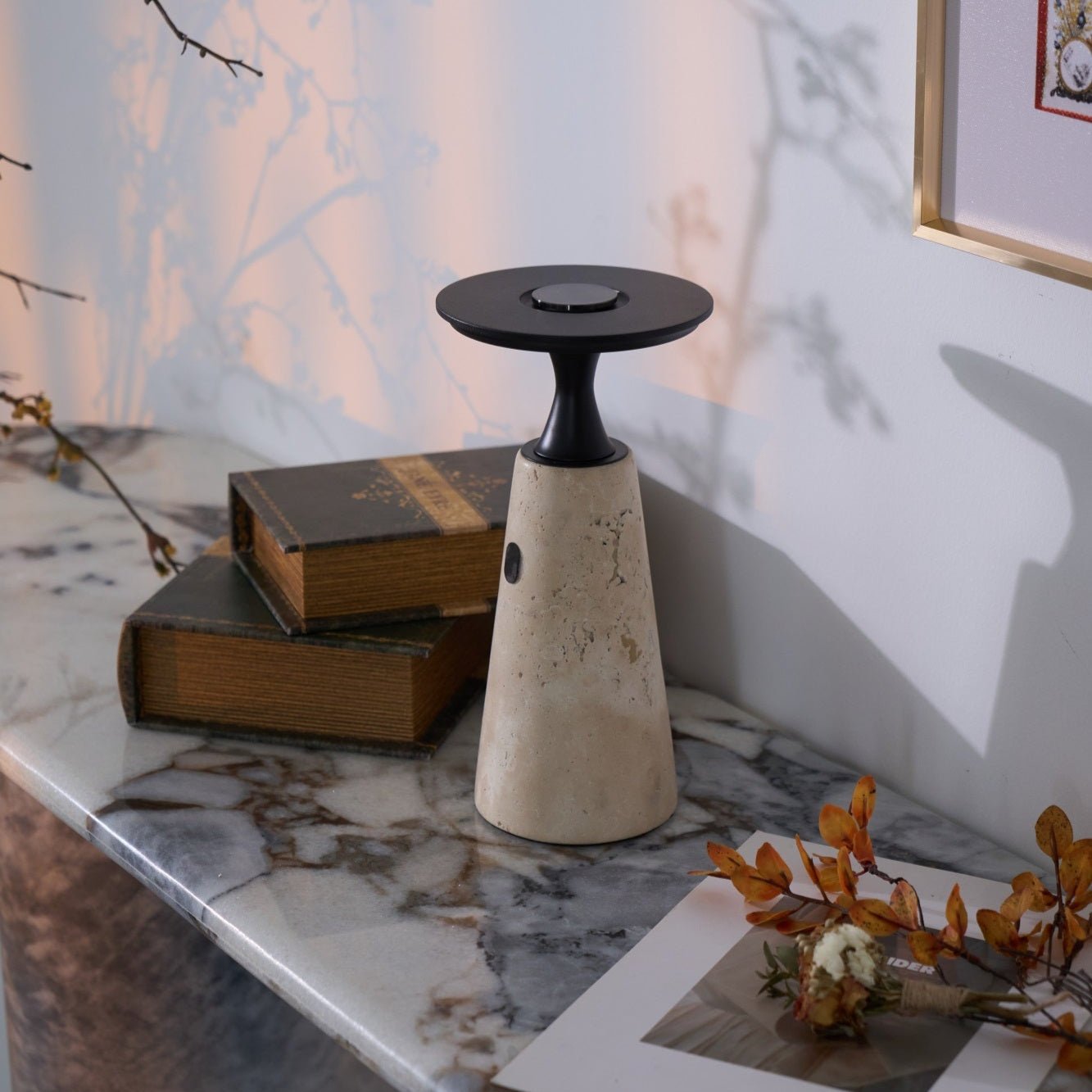 Vespera Sculptural Travertine Table Lamp - Neutralighting