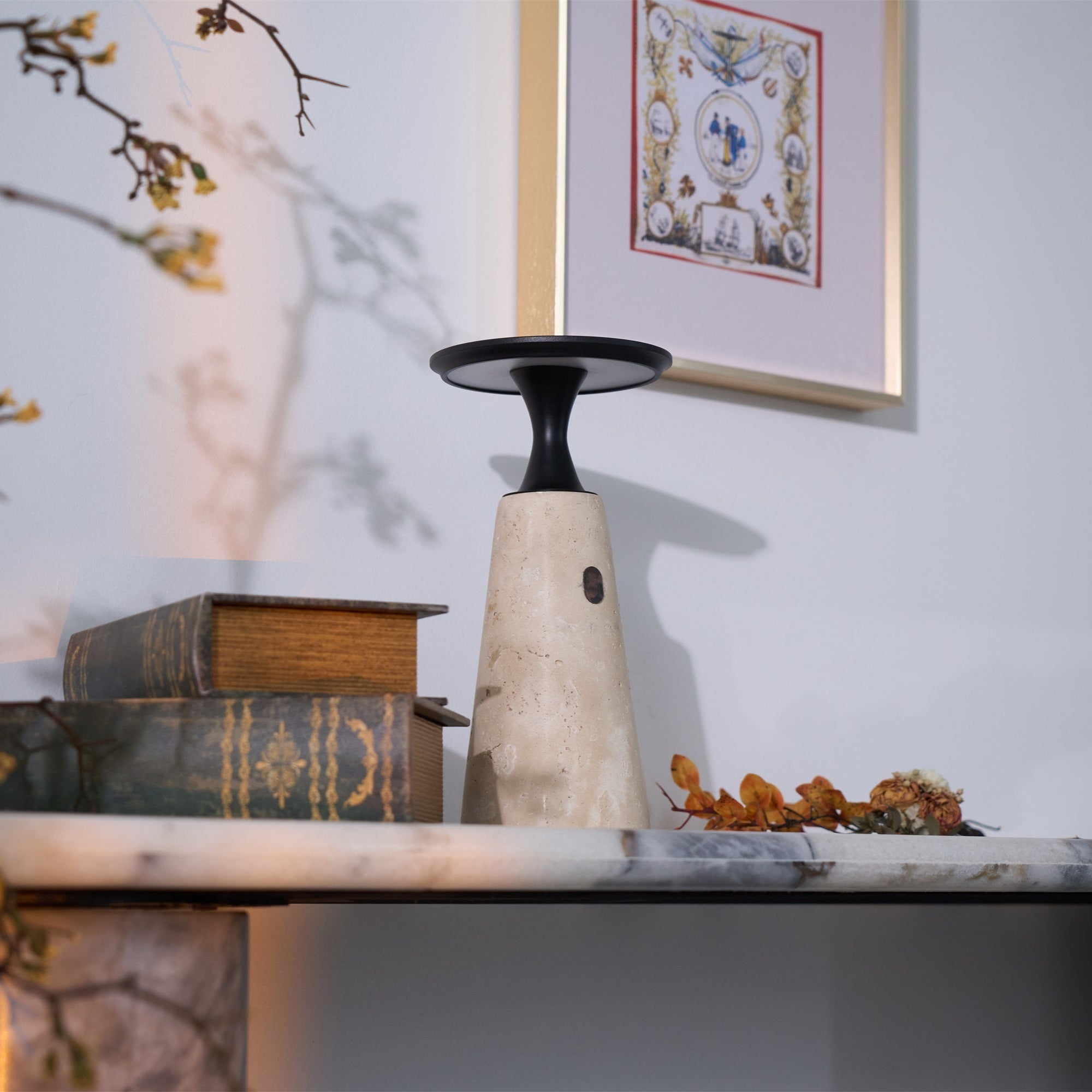 Vespera Sculptural Travertine Table Lamp - Neutralighting