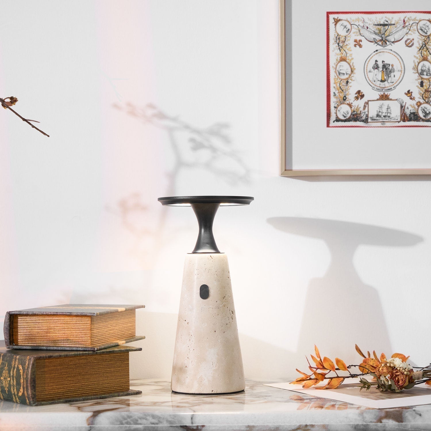 Vespera Sculptural Travertine Table Lamp - Neutralighting
