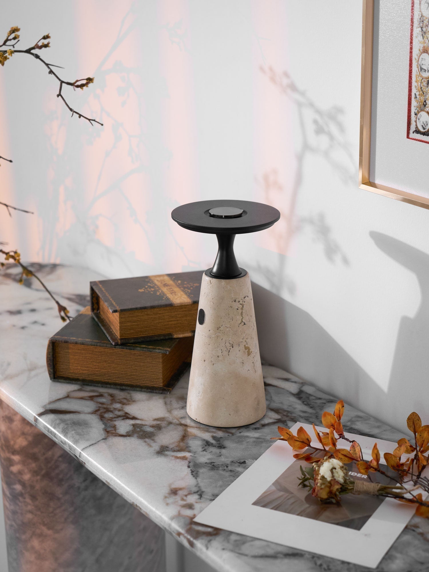Vespera Sculptural Travertine Table Lamp - Neutralighting