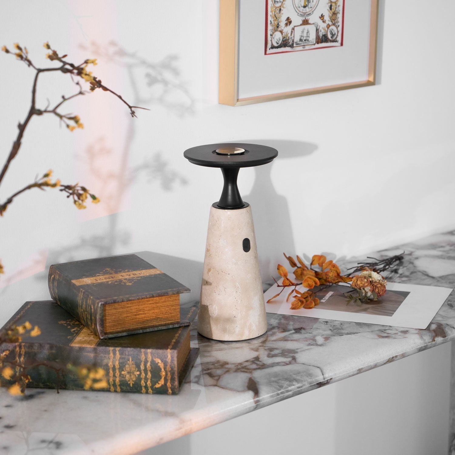 Vespera Sculptural Travertine Table Lamp - Neutralighting