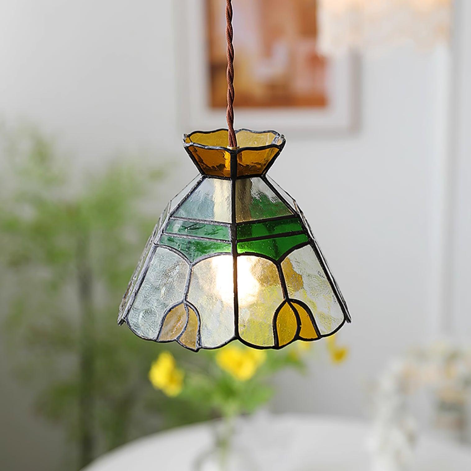 Eldine Pendelleuchte Vintage Buntglas Grün & Bernstein-Letslighting