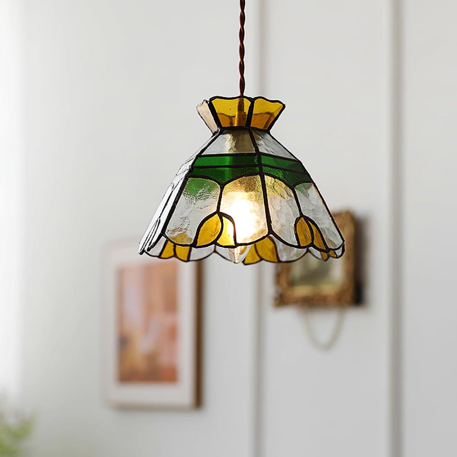 Eldine Pendelleuchte Vintage Buntglas Grün & Bernstein-Letslighting