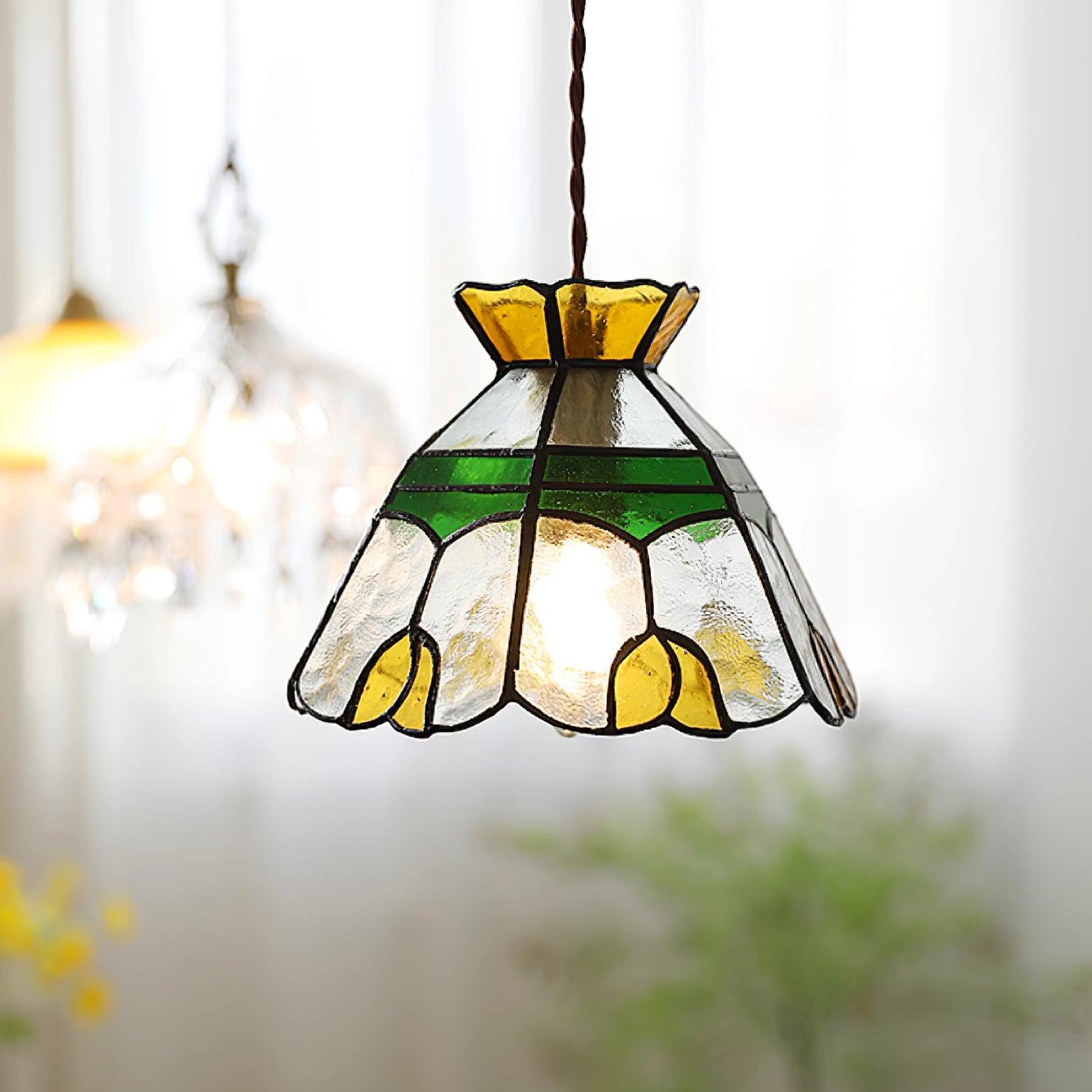 Eldine Pendelleuchte Vintage Buntglas Grün & Bernstein-Letslighting