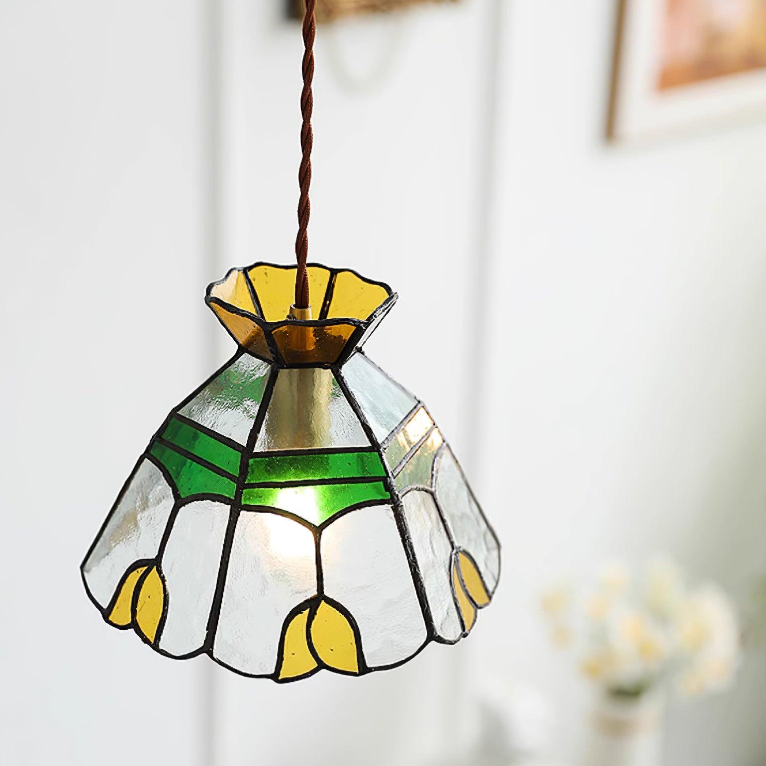Eldine Pendelleuchte Vintage Buntglas Grün & Bernstein-Letslighting