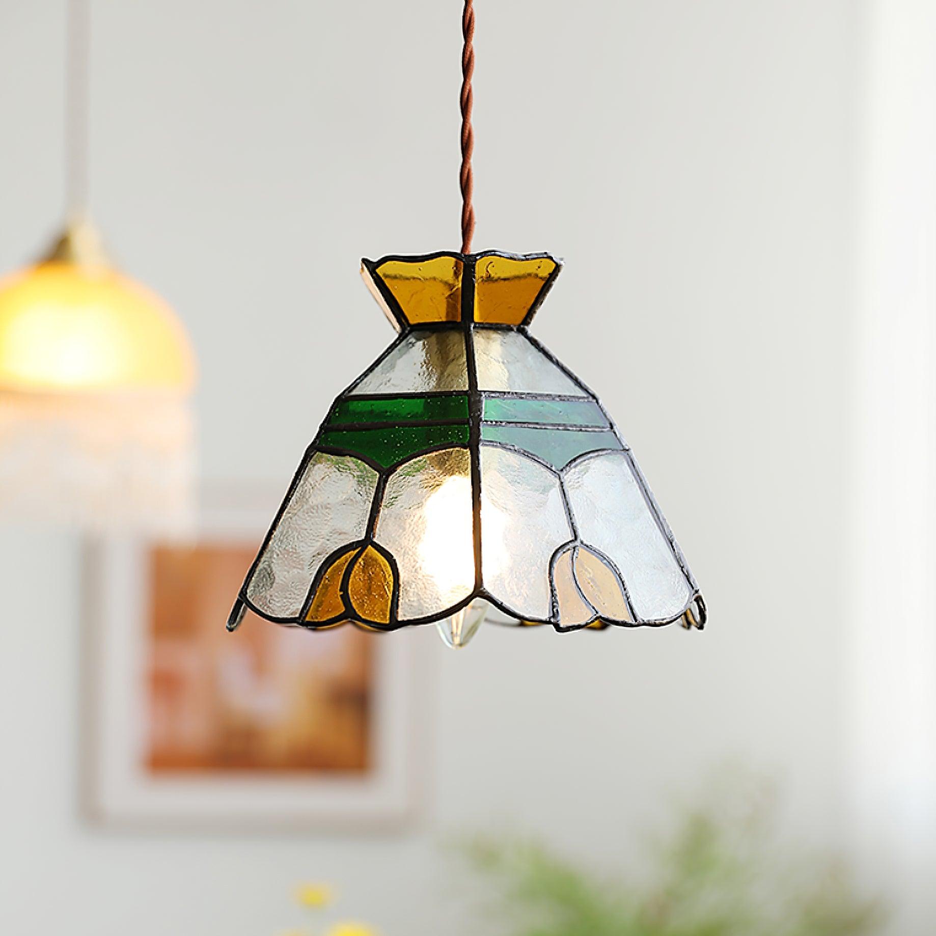 Eldine Pendelleuchte Vintage Buntglas Grün & Bernstein-Letslighting