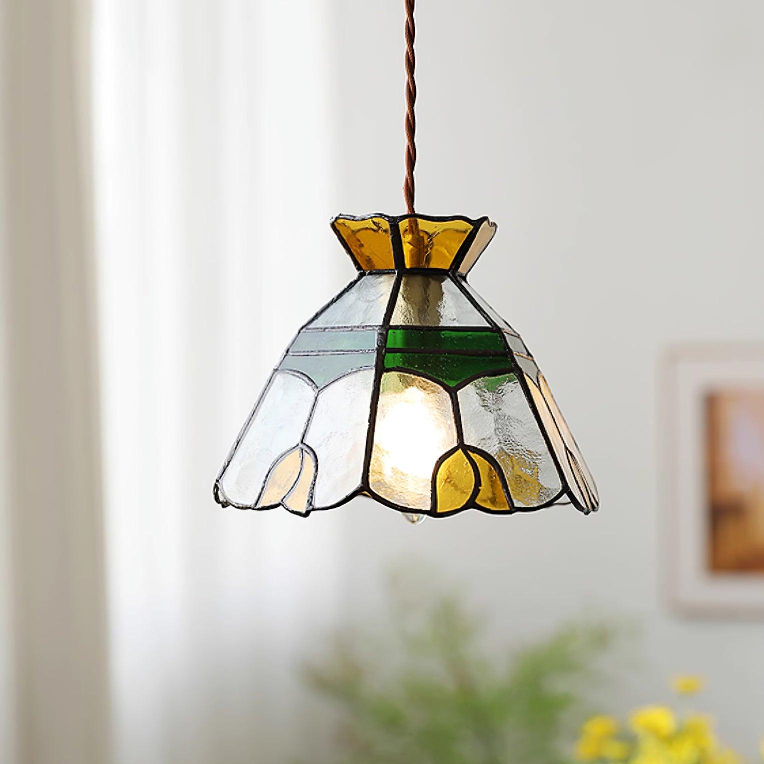 Eldine Pendelleuchte Vintage Buntglas Grün & Bernstein-Letslighting