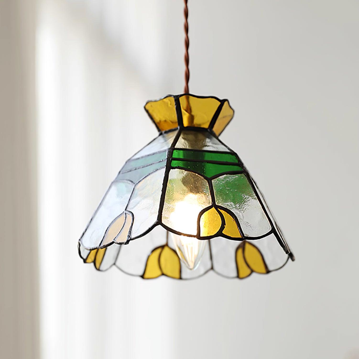 Eldine Pendelleuchte Vintage Buntglas Grün & Bernstein-Letslighting