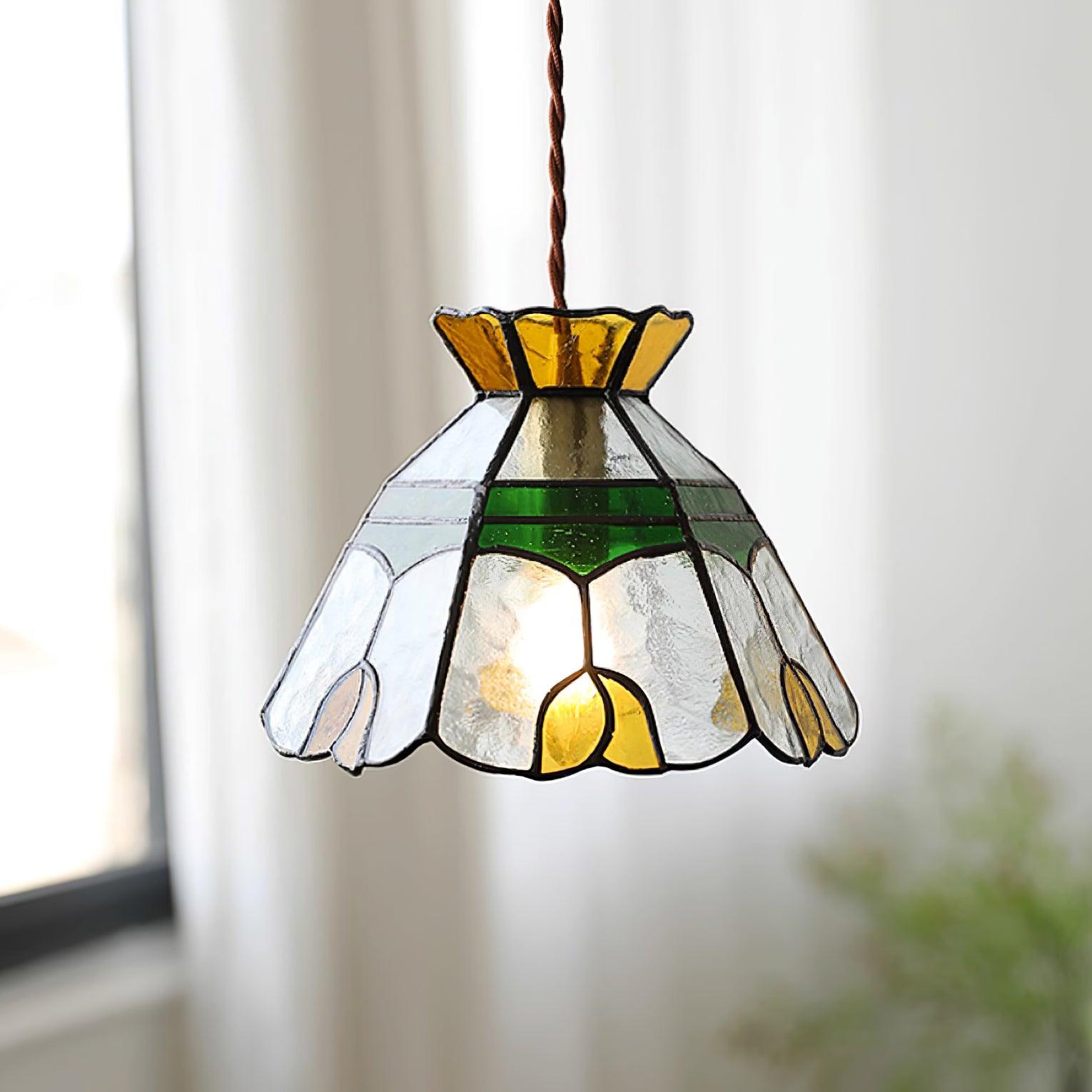 Eldine Pendelleuchte Vintage Buntglas Grün & Bernstein-Letslighting