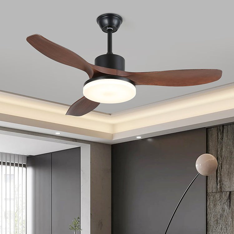 Nahaufnahme des Motors und der Beleuchtung des Darian Minimalistischen Deckenventilators mit Holzoptik