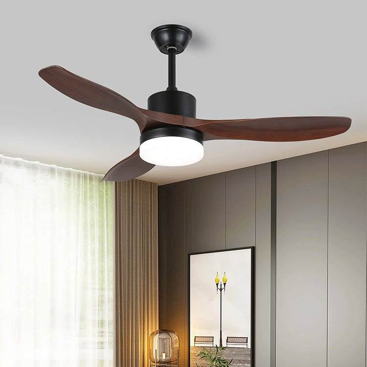 Darian Minimalistischer Deckenventilator mit Holzoptik und Beleuchtung in einem modernen Wohnzimmer