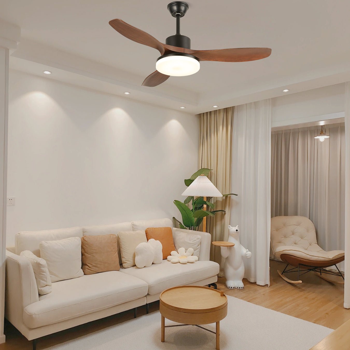 Darian Minimalistischer Deckenventilator mit Holzoptik und Beleuchtung, Modell D, 52 Zoll Durchmesser