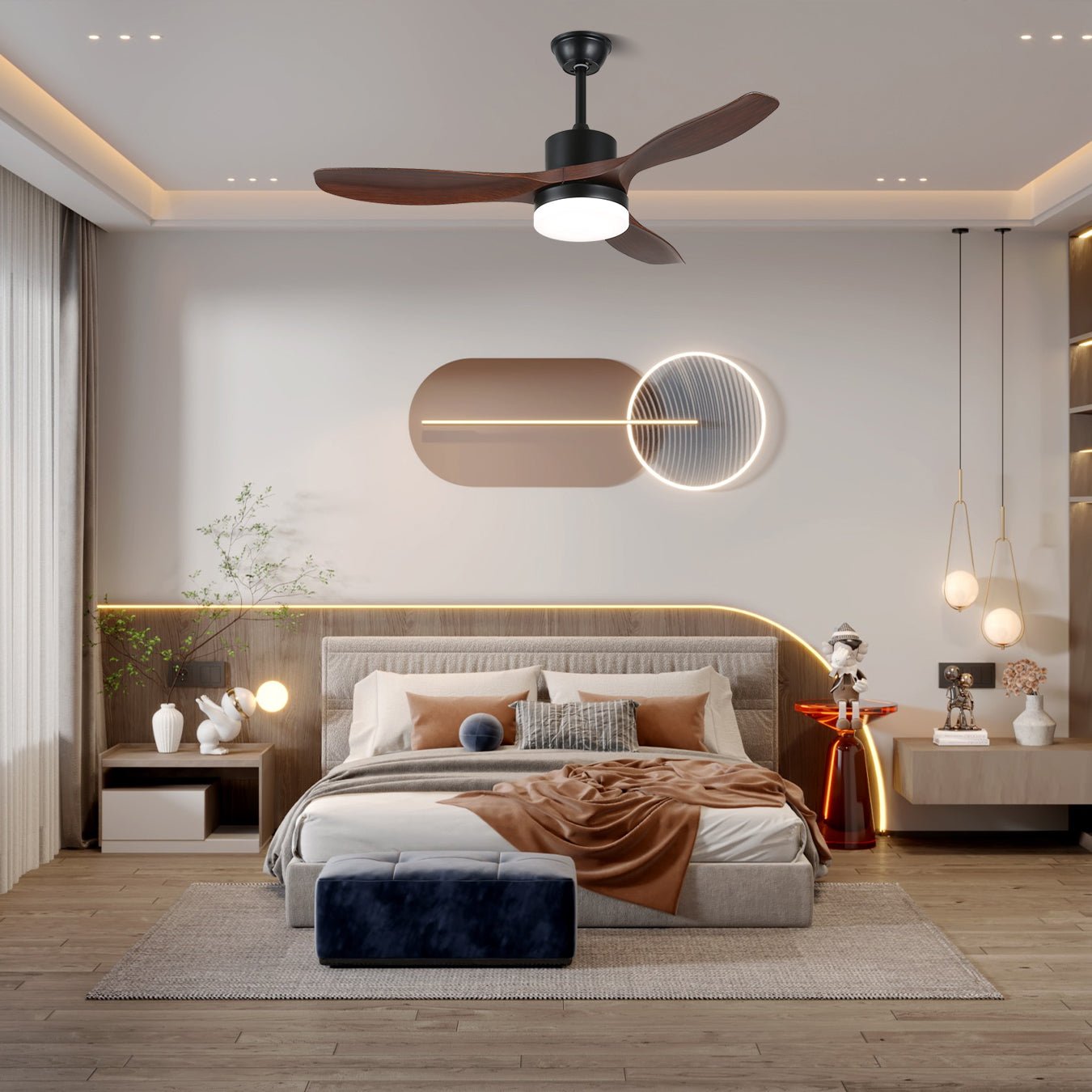 Darian Minimalistischer Deckenventilator mit Holzoptik und Beleuchtung mit Holzflügeln