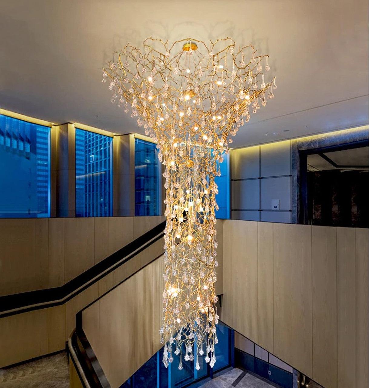 Abeleisa Tree Branch Staircase Brass Crystal Chandelier - Blowlighting