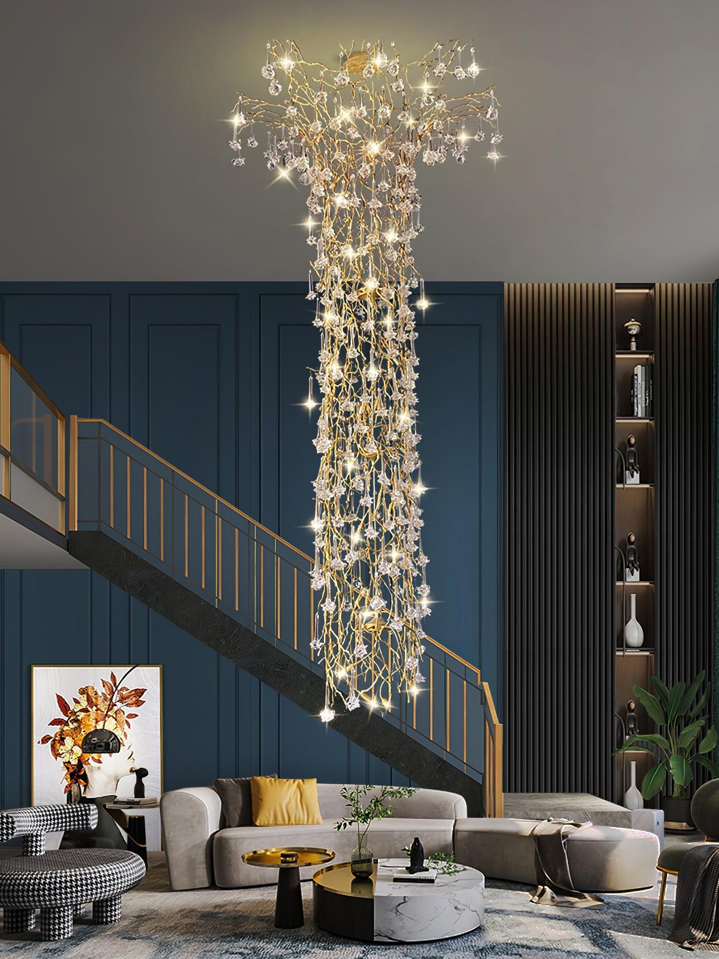 Abeleisa Tree Branch Staircase Brass Crystal Chandelier - Blowlighting