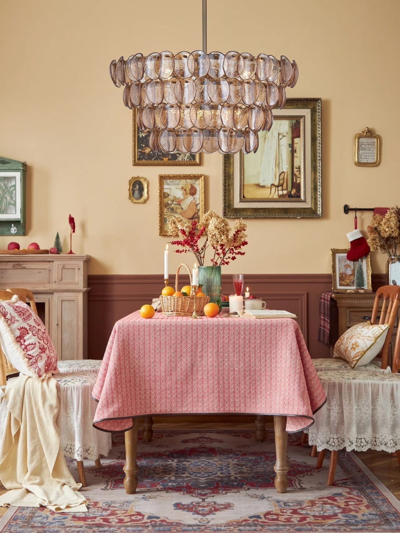 Aurora Chandelier Amber Glass Disc Fish Scale Brass - Neutralighting