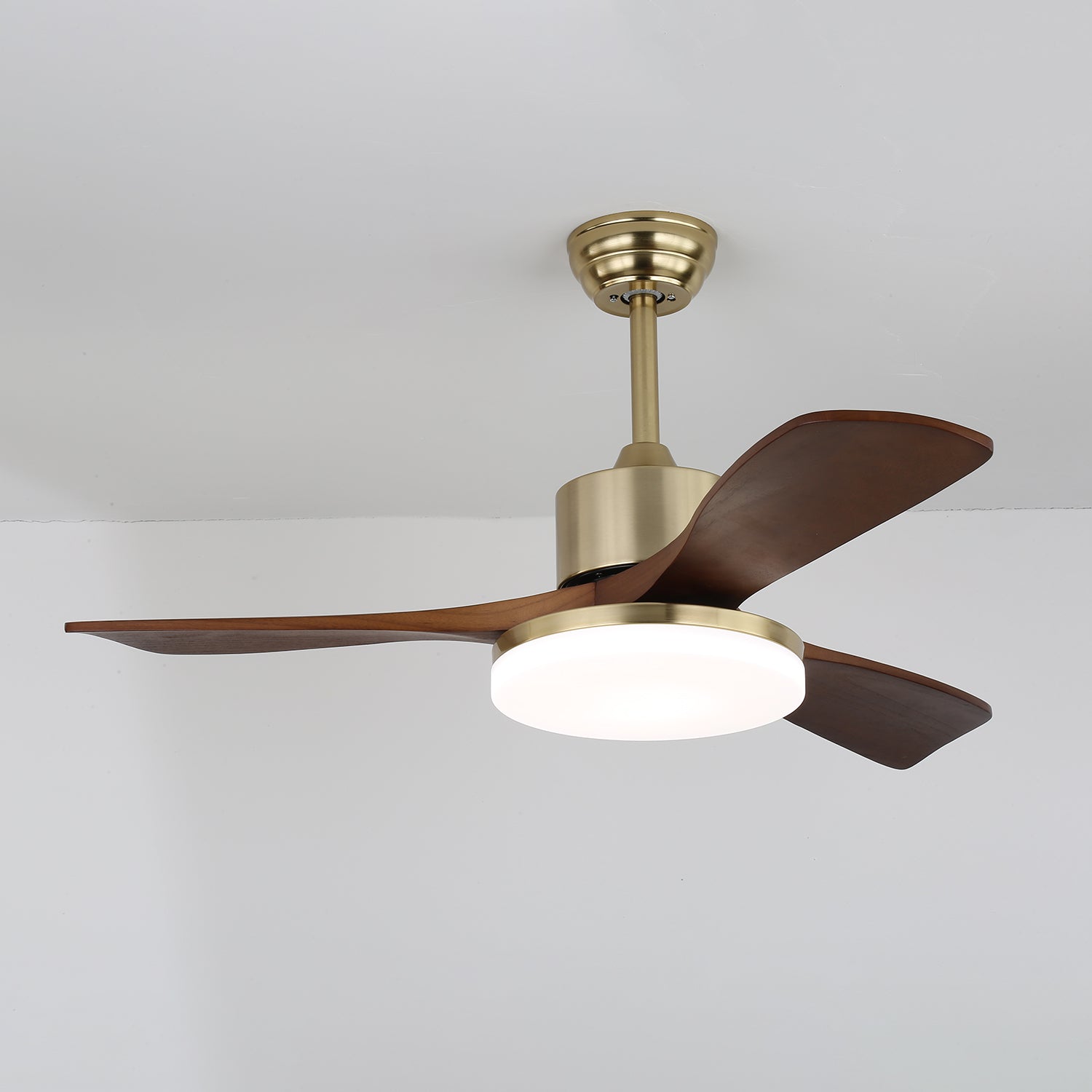 Schrägansicht der Selora Deckenventilatorleuchte, die ihr modernes Design hervorhebt