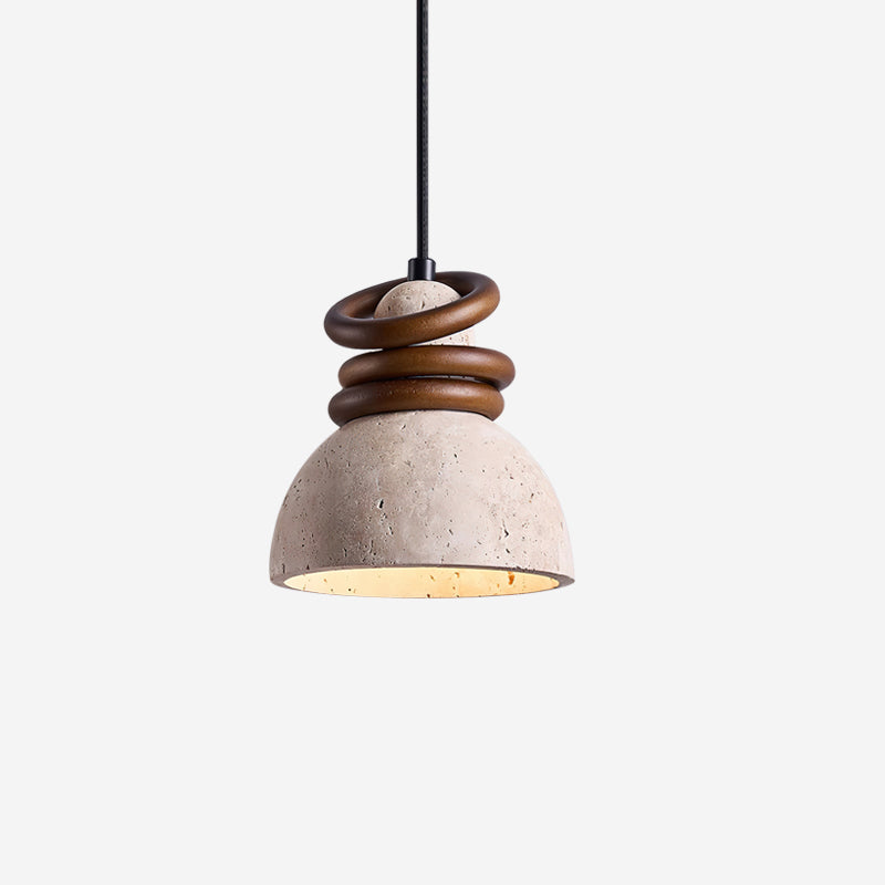 Pendant Lamp Travertine Dome Walnut Wood Rings Ambient Minimalist - Letslighting