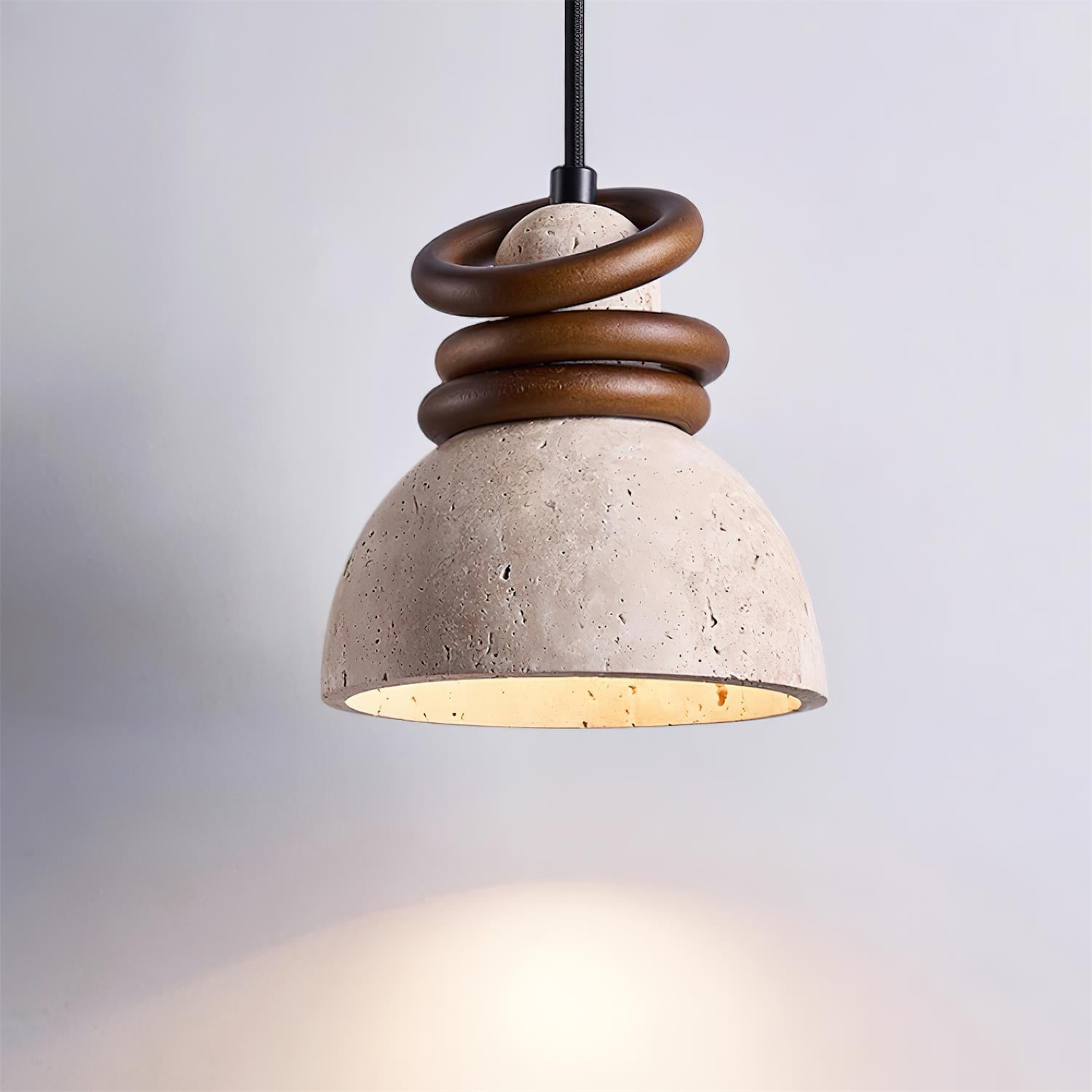 Pendant Lamp Travertine Dome Walnut Wood Rings Ambient Minimalist - Letslighting