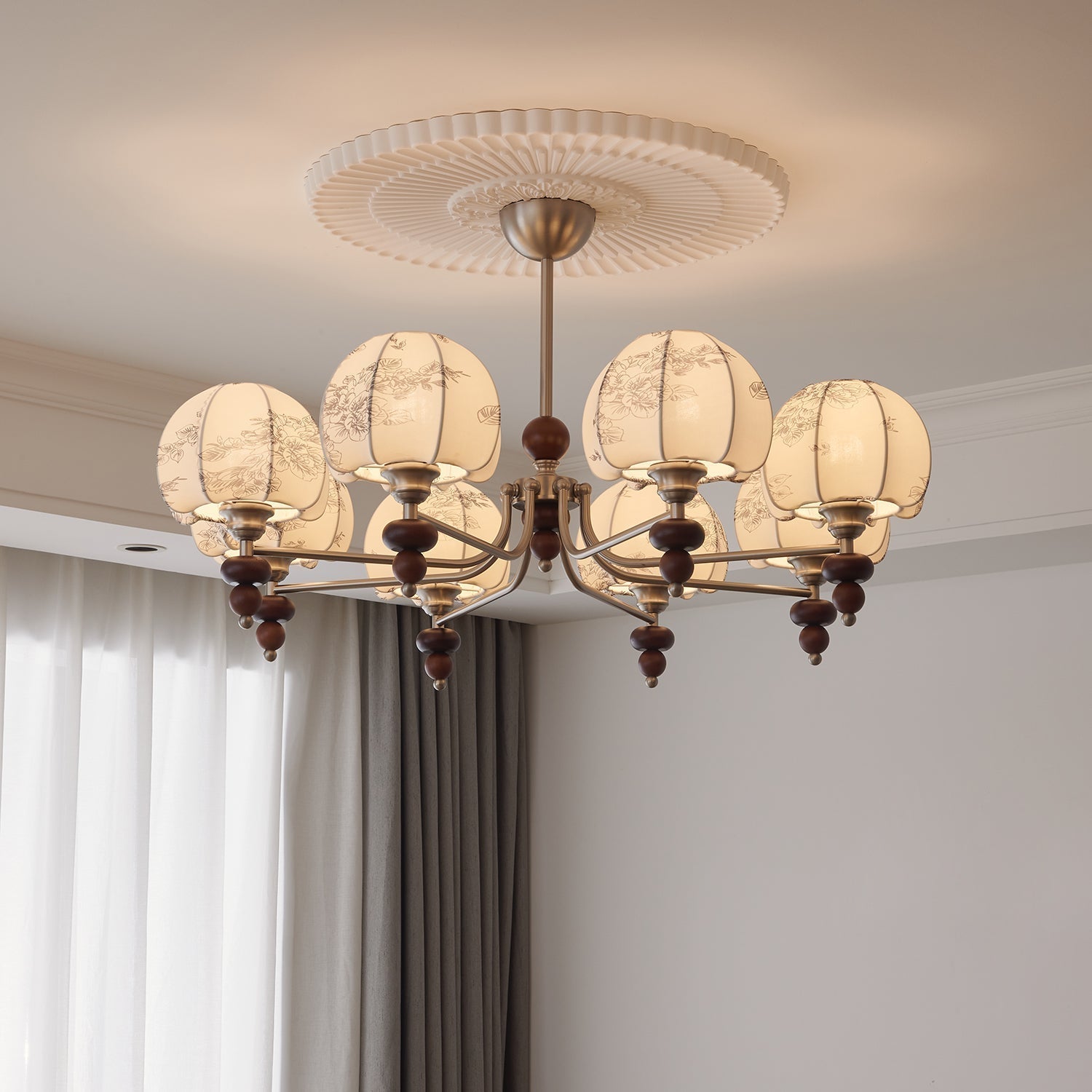 Comirisra Premium Traditionell Blütenblatt Stoff Holz Kronleuchter-Letslighting