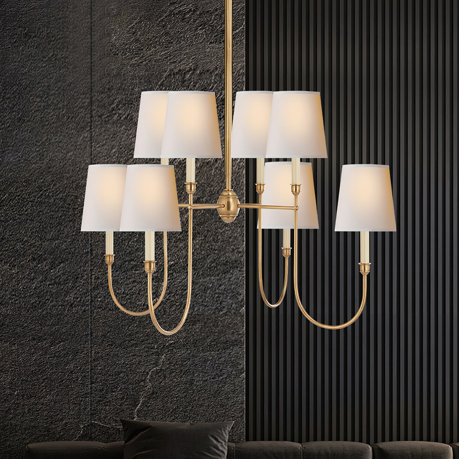 Nyshair Industrieller Vintage Kronleuchter aus Messing mit Stoffbezug-Letslighting