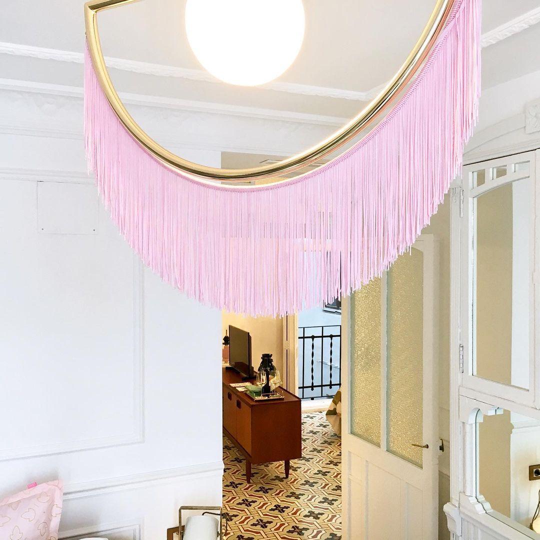 Solara Pendelleuchte Stoff Fransen Globus Retro Boho-Letslighting