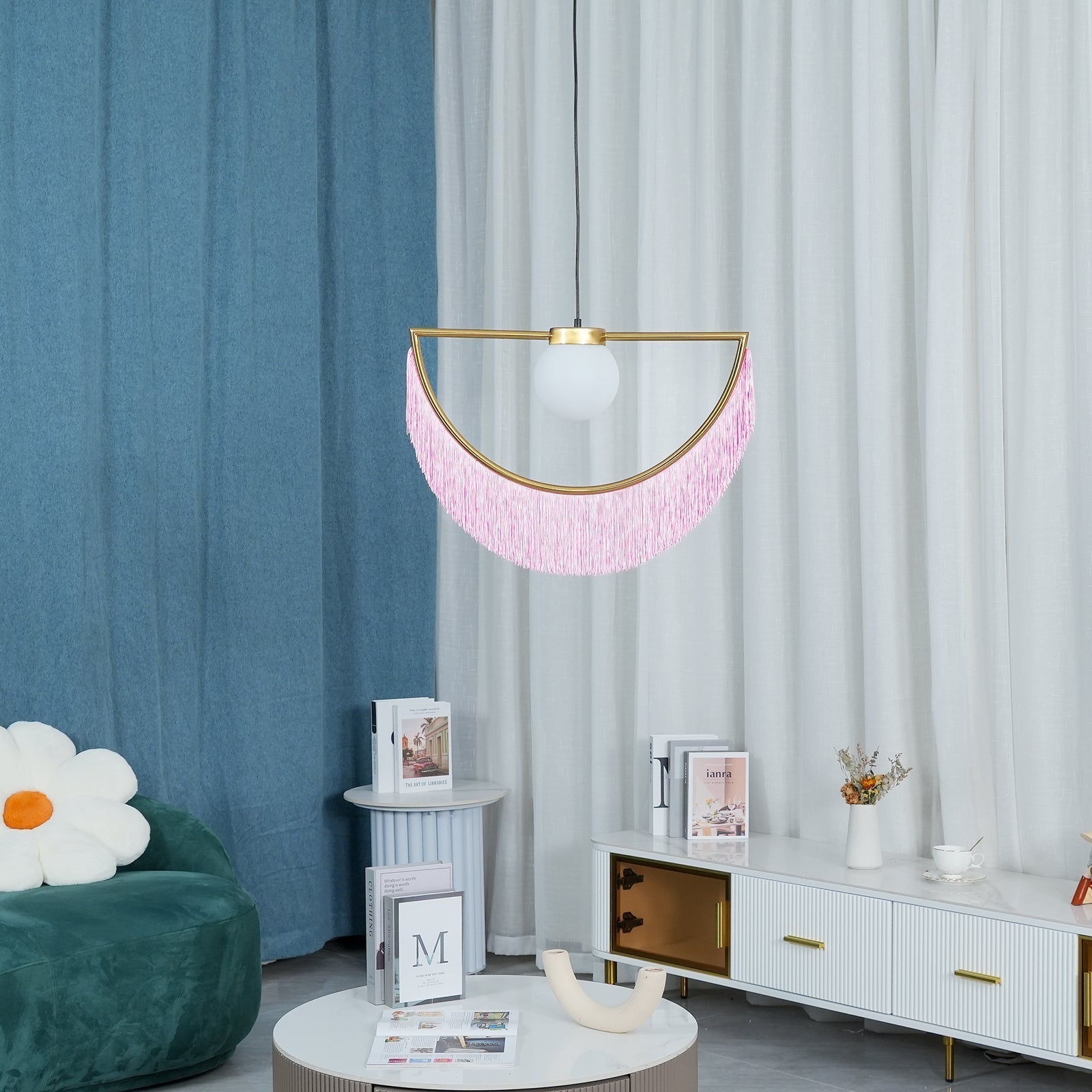 Solara Pendelleuchte Stoff Fransen Globus Retro Boho-Letslighting