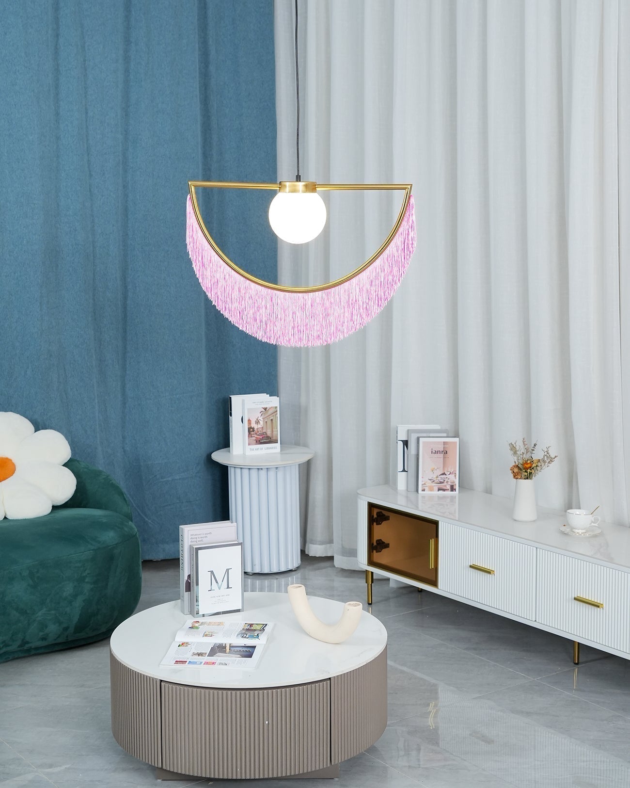 Solara Pendelleuchte Stoff Fransen Globus Retro Boho-Letslighting