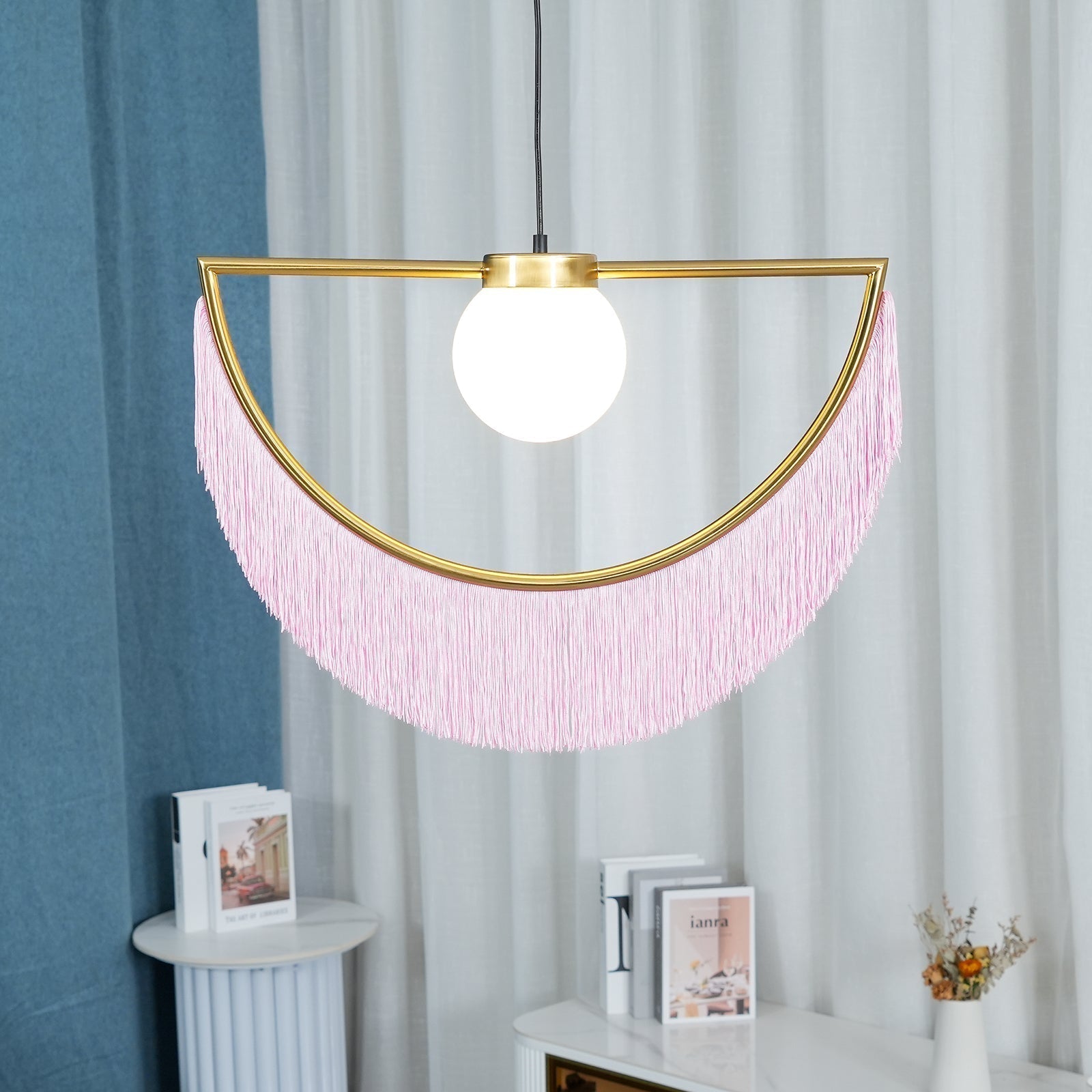 Solara Pendelleuchte Stoff Fransen Globus Retro Boho-Letslighting