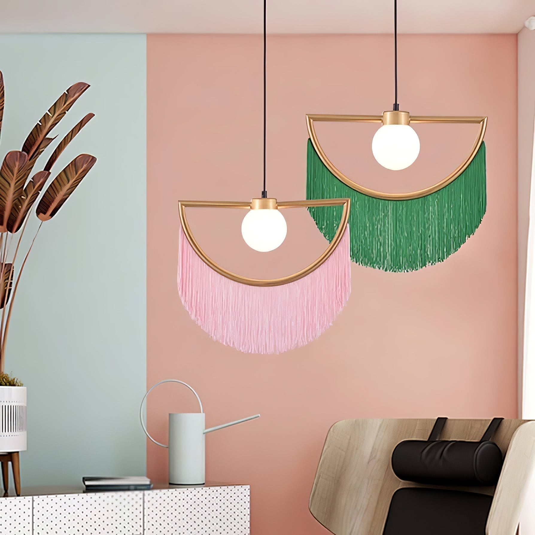Solara Pendelleuchte Stoff Fransen Globus Retro Boho-Letslighting