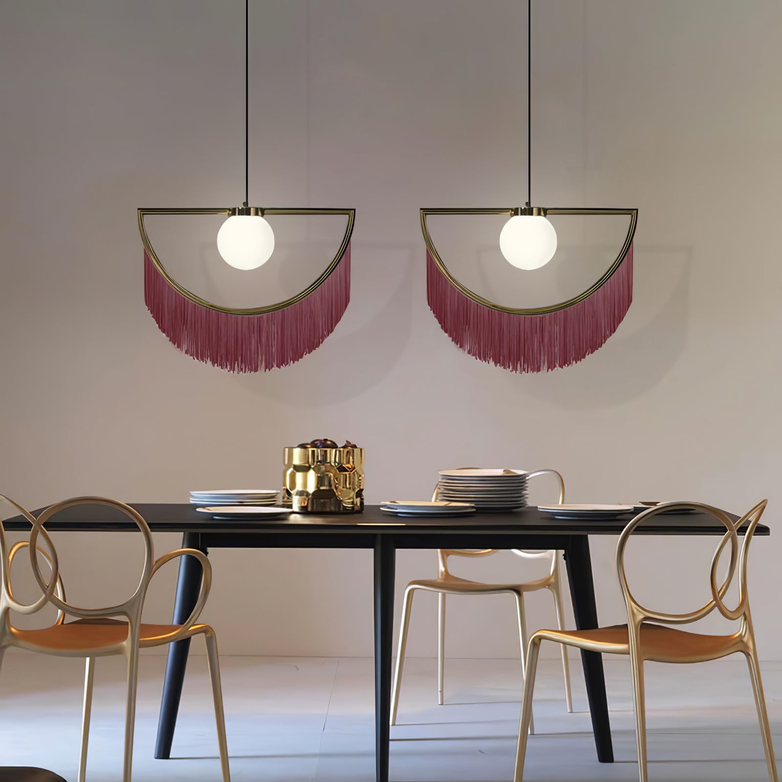 Solara Pendelleuchte Stoff Fransen Globus Retro Boho-Letslighting