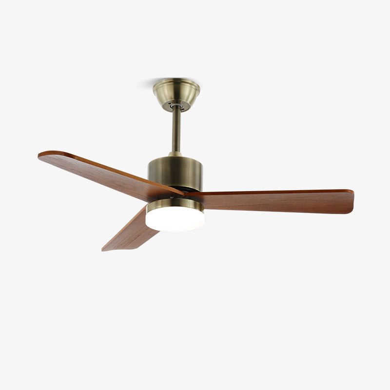 Übersicht des Ventio minimalistischen Deckenventilators mit Beleuchtung aus Silber und Holz.