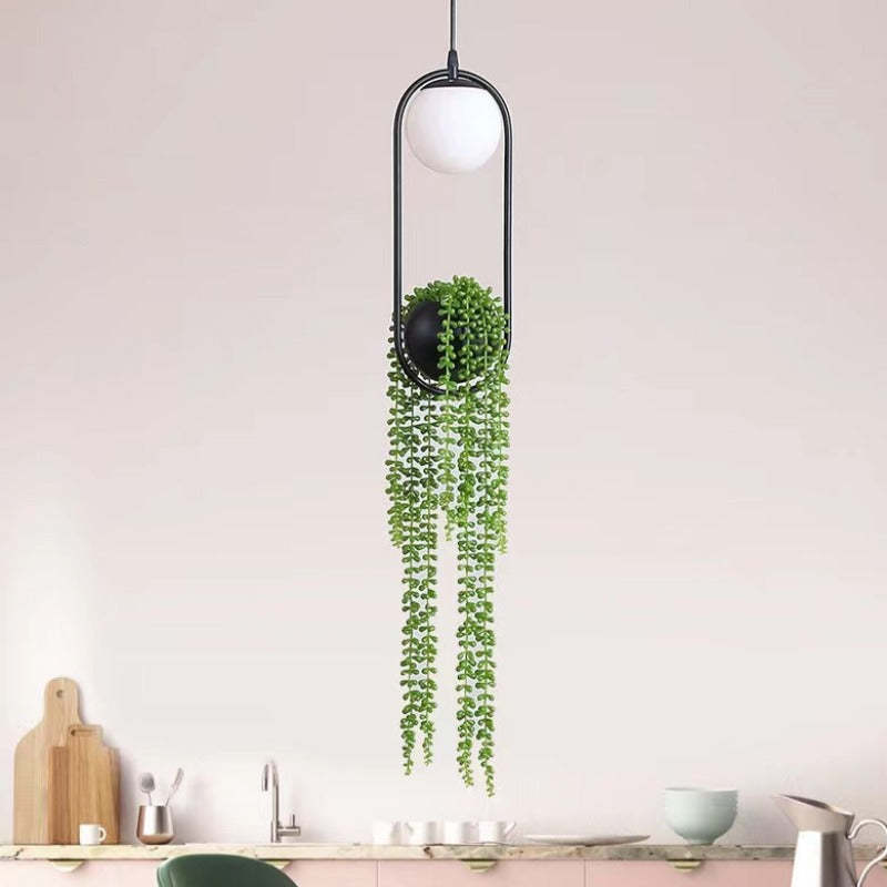 Natural Pflanzentopf Kugel Metall/Glas Pendelleuchte Schwarz/Grün Schlafzimmer