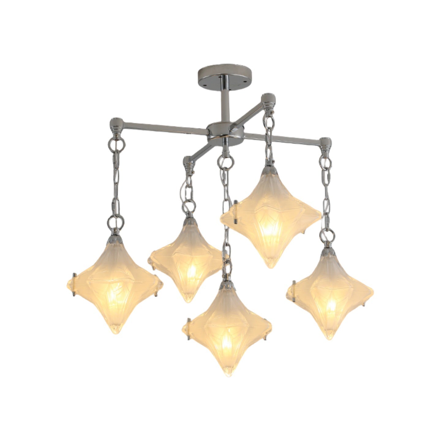 Art Deco Stern Kronleuchter Milchglas, mit warmem Licht
