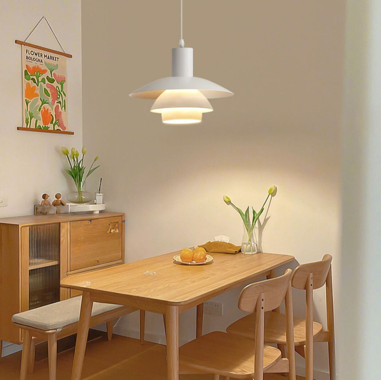 Valentina Moderne LED Pendelleuchte Weiß Holz Metall Schlafzimmer