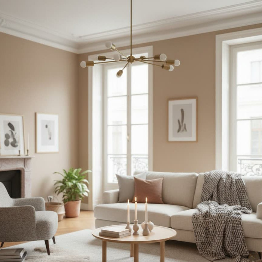 Moderner Metall-Kronleuchter in einem Wohnzimmer