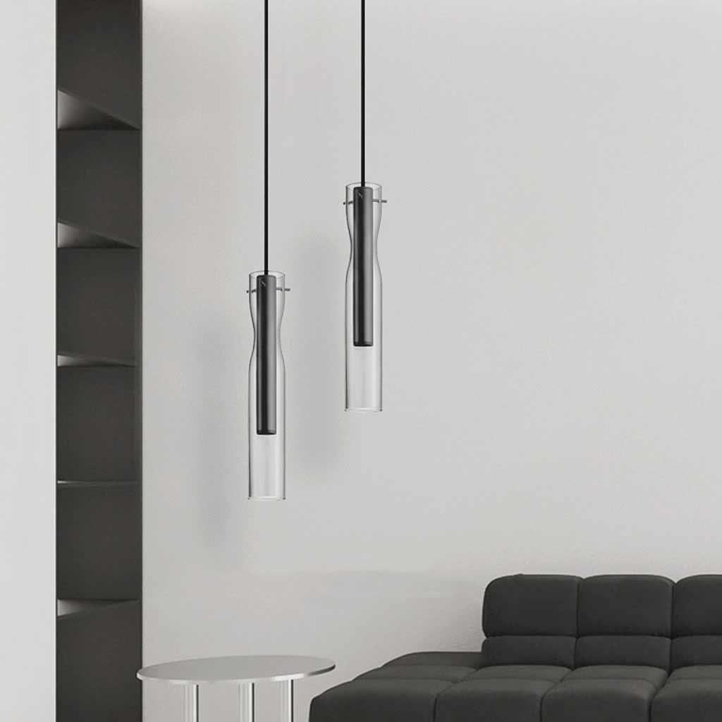 Moderne LED-Pendelleuchte in Gold mit zylindrischem Glasschirm