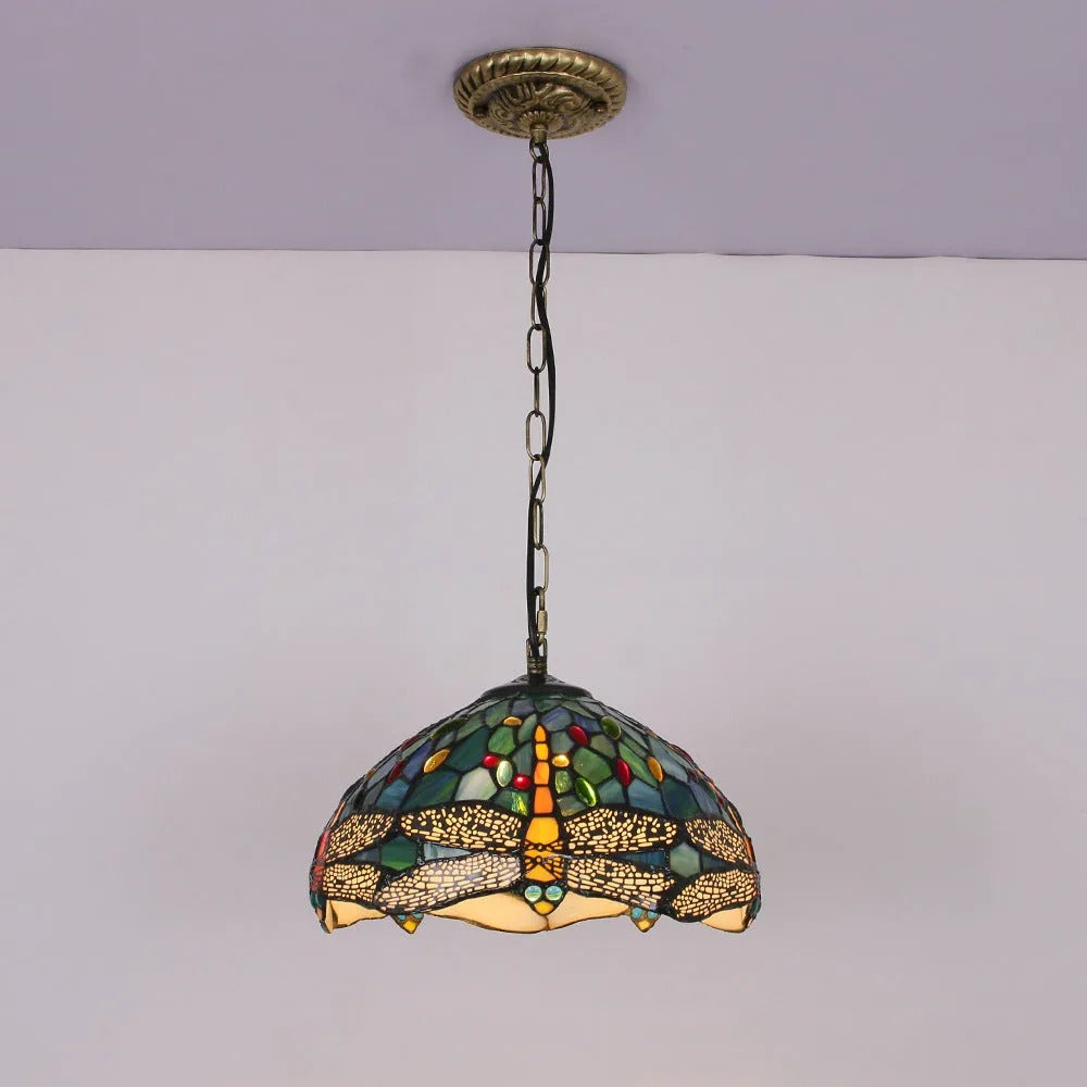 Arisha Vintage Pendelleuchte Buntglas Metall Schale Wohnzimmer