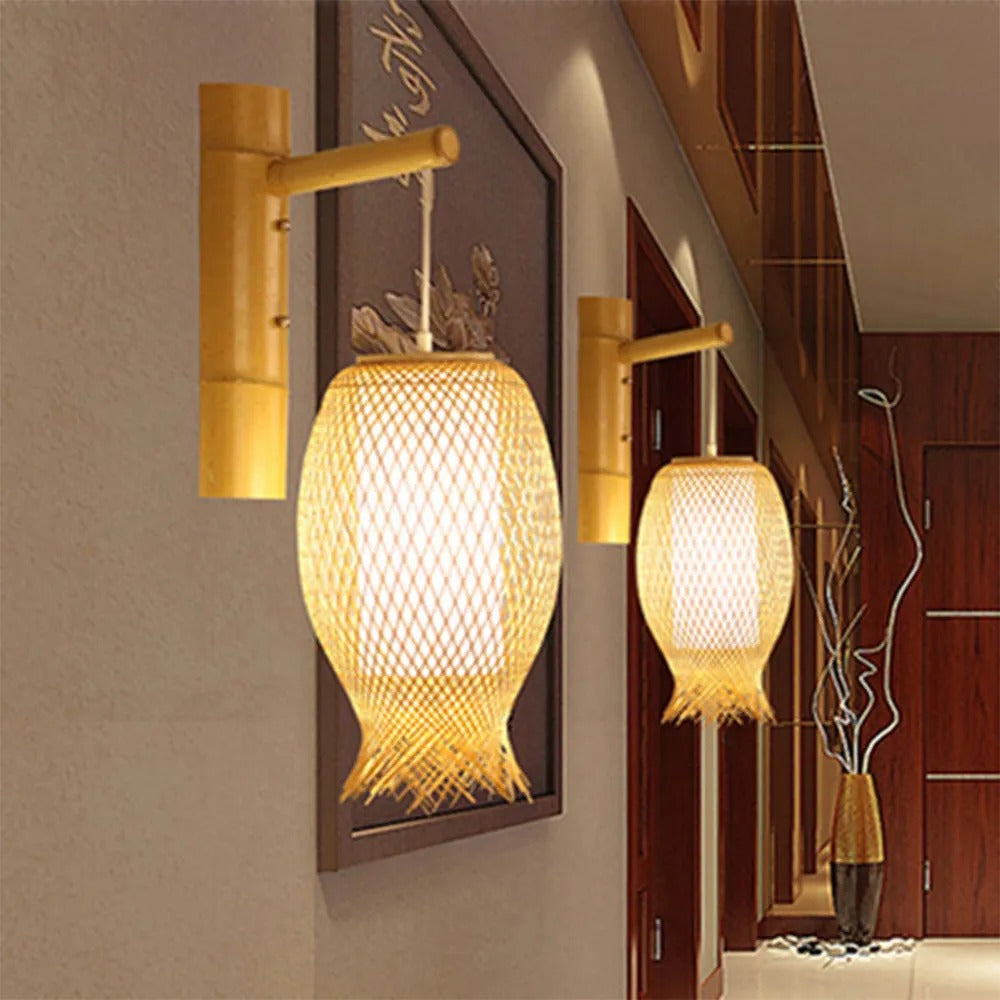 Muto Rustikale LED Wandleuchte Rattan/Acryl 4 Stile Schlafzimmer