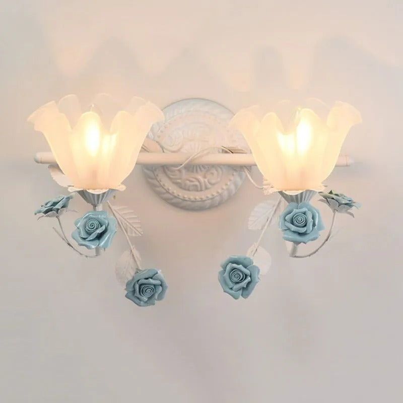 Arisha Vintage Blumen LED Wandlampen Blau/Rosa Badezimmer Metall Glas 2/3Leuchten