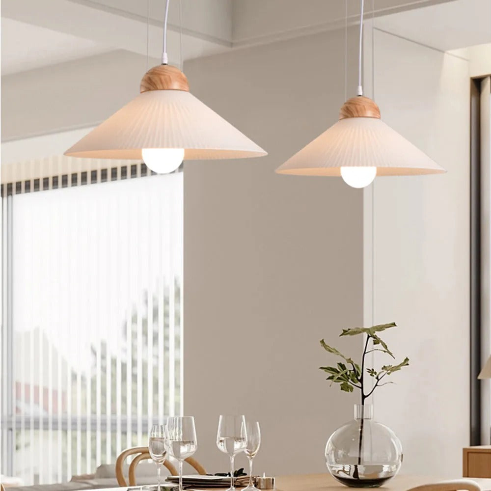 Ozaw Moderne LED Pendelleuchte Weiß Wohn/Schlaf/Esszimmer Holz&Glas