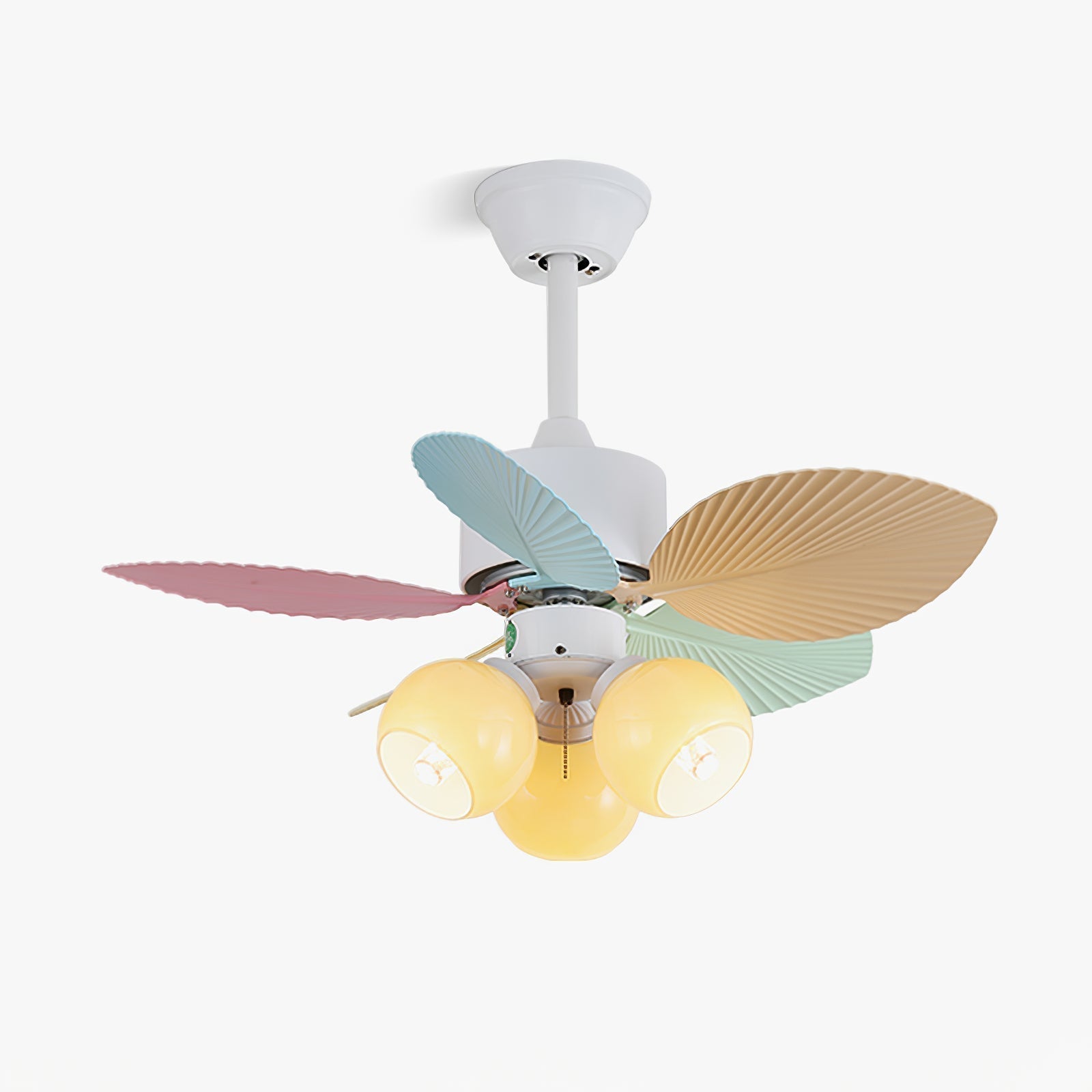 Liora Deckenventilator mit bunter Glasbeleuchtung, Vorderansicht