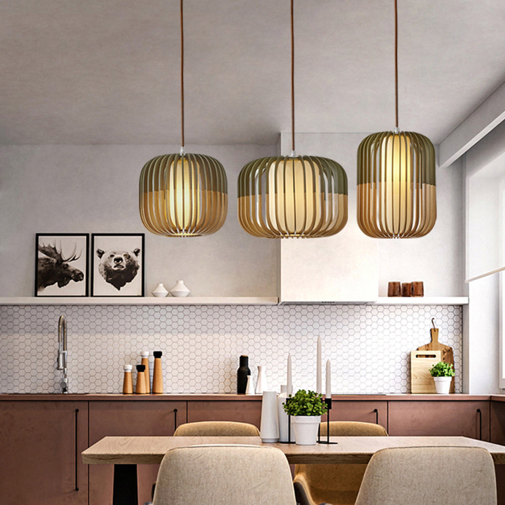 Muto Moderne LED Pendelleuchte Schlaf/Wohnzimmer Gold Holz/Stoff