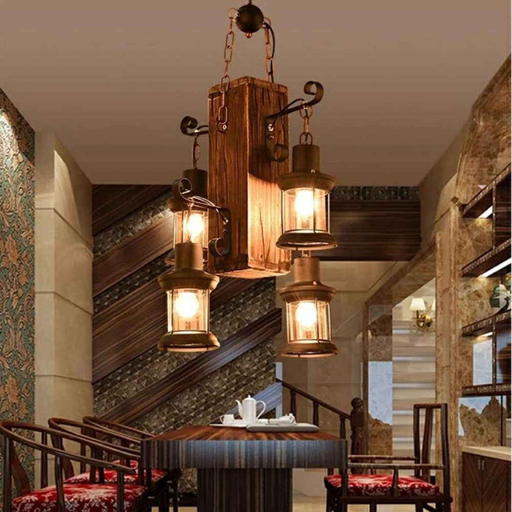 Epoch Vintage LED Pendelleuchte Rechteckige Käfig Wohnzimmer, Metall Holz