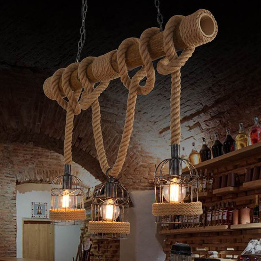 Epoch Vintage Pendelleuchte Zylinder Esstisch, Hanfseil Holz
